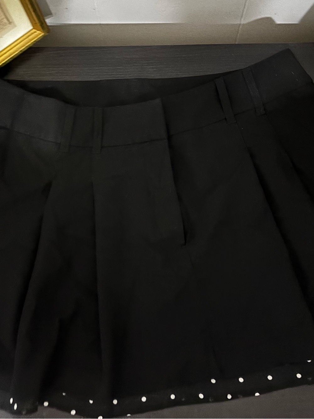 Black Pleated Women's Mini Skirt with Sheer Polka Dot Hem Size 10